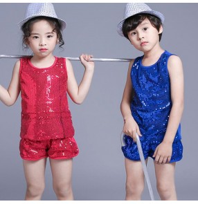  Kids Stage wear Modern dance outfits for Girls royal blue Jazz Dancing Tops shorts Girls Boys sequined cheer leaders Hip Hop dancing costumes