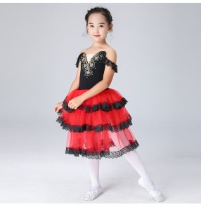 Kids swan lake modern dance ballet dresses red colored stage performance ballet dance costumes