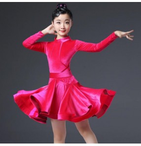 Kids velvet competition hot pink royal blue latin dance dresses salsa rumba chacha dance dresses