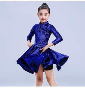 Kids velvet competition latin dance dress dark green royal blue red latin dance dress salsa rumba chacha dance costumes