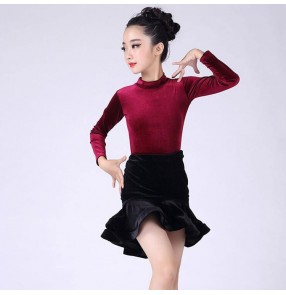 Kids velvet wine latin dress stage performance competition professional ballroom salsa chacha rumba dancing costumes