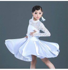 Kids white black lace latin dance dress long sleeves latin dance costumes competition ballroom salsa chacha rumba latin dance dresses