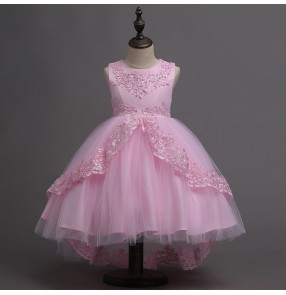 Kids white pink jazz dance dress priness flower girls stage performance model show chorus dresses with bowknot