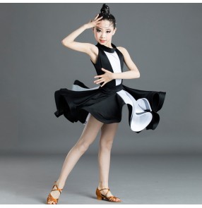 Kids white with black latin dance dress training practice salsa latin dance skirt dress for girls 