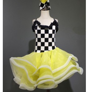 Kids white with black plaid pink yellow latin dance dresses stage performance salsa rumba chacha dance dresses