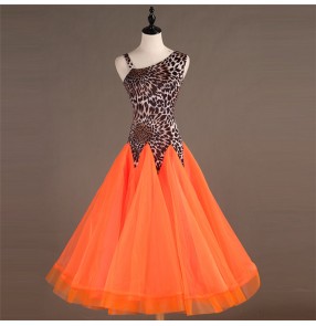 Kids women ballroom waltz dresses competition leopard with orange tango long dress skirts