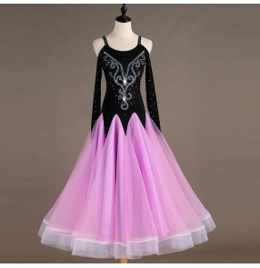Kids women's ballroom dresses black with violet diamond ballroom waltz tango stage performance competition dresses skirts