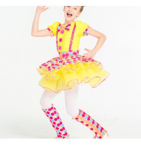 Kids yellow polka dot rainbow color ballet dance dresses stage performance tutu skirt ballet dance costumes for girls ballet performance outfits
