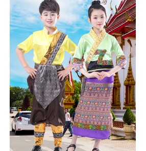 kids Yunnan Xishuangbanna minority dancing unifom girls boys Thai minority folk dance costumes drama film cosplay clothes