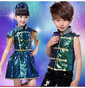 Kindergarten children's Green sequined jazz performance costumes boy girls jazz dance hiphop dance costumes pettiskirt boy drum model performance costumes