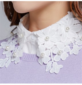 Korean Hollow dickey collar Lace collar Women's girls sweater decorative collar with pearl beading detachable collar half shirt collar for women