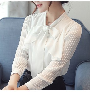 Korean style Chiffon blouse office work shirt for women  bowknot chiffon shirt fashion all-match shirt women long-sleeved white shirt small shirt