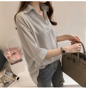 Korean style loose striped chiffon shirt blouses women's three-quarter sleeve shirt all-match casual v neck tops
