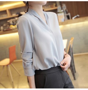 Korean style loose white silver chiffon blouses office lady shirts solid color V-neck long-sleeved chiffon shirt women