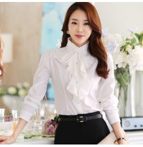 Korean style stand-up collar white chiffon shirt office lady ruffles neck blouses women long-sleeved slim bottoming shirt for female