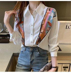 Korean style women patchwork printing white blouses shirts loose casual long-sleeved shirt women chiffon top