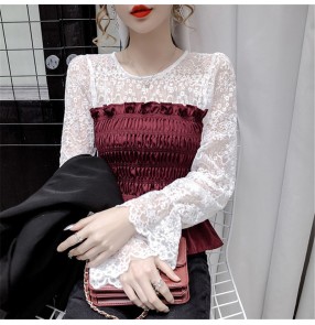 Korean style women's sweet fashion white lace blouses stitching creped slim waist Women's round neck long sleeve suit bottom shirt