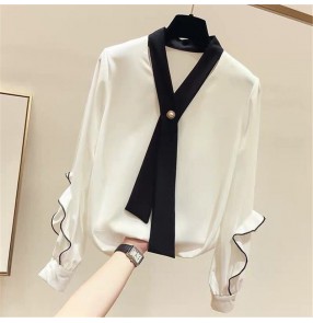 Korean style women white yellow chiffon blouses commute shirts patchwork V-neck lace-up sleeves pullover long-sleeved chiffon shirt women