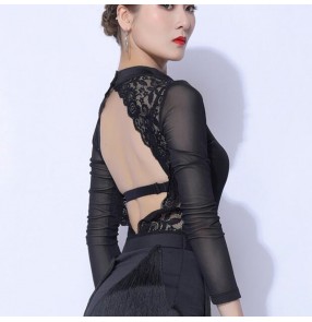Lace backless ballroom latin dance bodysuits for female sexy long sleeves salsa rumba chacha dance jumpsuits tops 
