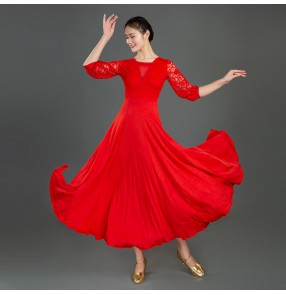 Lace ballroom dance dress for women girls red green white black ballroom dancing dress big waltz dance wear competition performance clothing