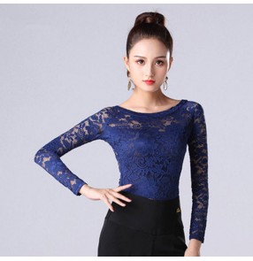 Lace ballroom dance tops for women female black navy colored latin salsa rumba chacha samba dance shirts blouses