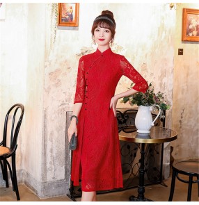 Lace chinese dresses china qipao oriental cheongsam dresses Long red slit cheongsam elegant banquet evening dress cheongsam dress