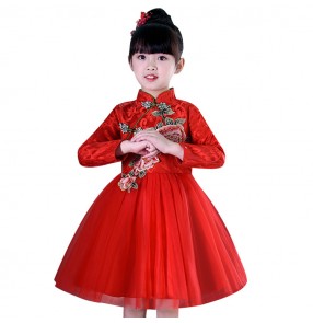 Lace girls singers dresses china style red rose princesses modern dance chorus host Halloween party cosplay stage performance dresses skirts