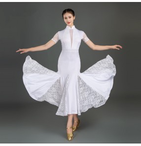Lace short-sleeved ballroom dance dress for women girls white floral black lace ballroom dancing dresses stand collar practice clothes for female