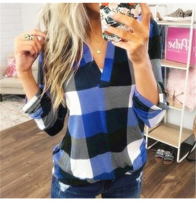 Ladies Blue red silver yellow Plaid Printed Shirt  V-neck Long Sleeve plus size Top blouses for female 