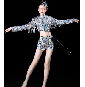 laser Silver sequined glitter jazz dance costumes for women girls hiphop street gogo dancers magician outfits stage performance pailltte tops and tuxedo shorts