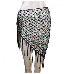 latin belly dance Hollow mesh sequined hip scarf Fishing net triangle scarf waist chain hip scarf Sequin decoration waist scarf shawl