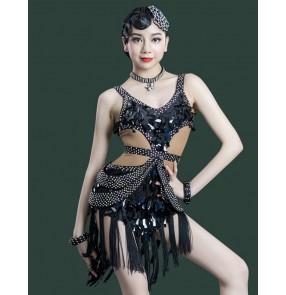 Latin dance competition dresses for girls kids Cha Cha blue black rhinestones sequined performance dress latin fringed skirt