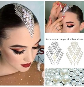 Latin dance competition headdress for women girls ballroom standard dance competition styling DIY pearl sticker hair accessories dance performance shiny headwear