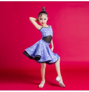 Latin dance Dresses for girls children blue leopard printed professional leopard split tops suspenders kids latin dance costumes