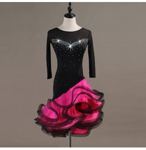 Latin dance dresses for women black with pink  diamond Robe de danse latine pour femmes ballroom stage performance salsa samba dancing skirts dress