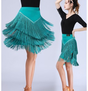 Latin dance skirts for women girls black wine green fringe rumba chacha dance skirts latin dance costumes for lady