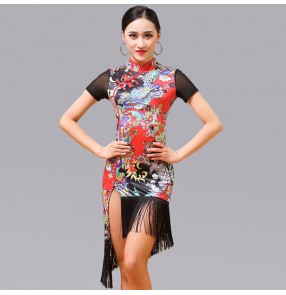 latin dresses Floral printed  rumba chacha latin dresses for women female competition stage performance salsa rumba chacha dance costumes dresses