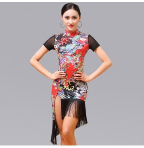latin dresses Floral printed  rumba chacha latin dresses for women female competition stage performance salsa rumba chacha dance costumes dresses