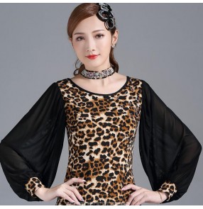 Leopard ballroom dancing tops for women long puff sleeves latin salsa chacha dance blouses shirts