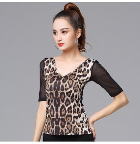 Leopard Latin dance tops women's mesh half sleeves ballroom dance tops practice clothes