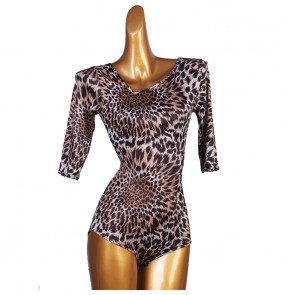 Leopard printed ballroom latin dance bodysuitsfor female stage performance salsa chacha rumba dance tops for women