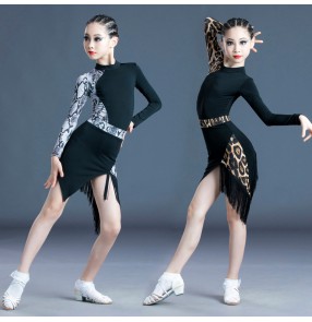 Leopard Serpentine pattern Latin dance dance clothes latin skirts for girls children tassels latin performance dresses standard competition costumes