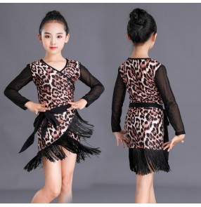 Leopard tassels long sleeves latin dance dress for girls kids salsa ballroom latin dance costumes for children