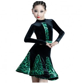 leopard velvet girls kids latin dance dresses long sleeves latin dance costumes stage performance ballroom dance dress for girls