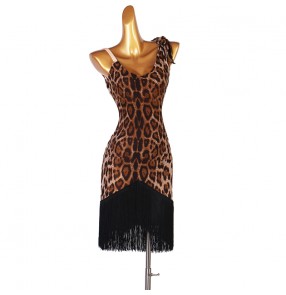 Leopard with black fringe latin dance dresses for women sexy Backless rumba chacha rumba dance dress latin costumes for female 