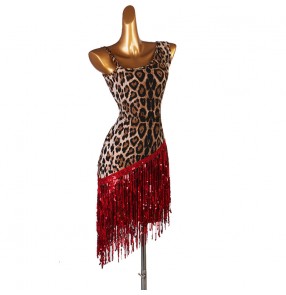 Leopard with red fringes women's latin dance dresses competition salsa rumba chacha dance costumes dresses