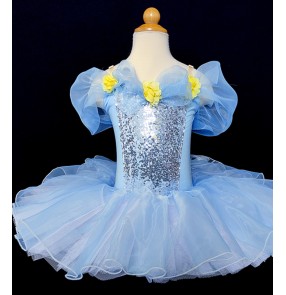 Light blue sequined ballet dance dress tutu skirts for girls kids stage performance ballerina birthday gift princess dance dress jazz dance dress for kids