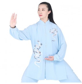 light blue Tai chi clothing  chinese kung fu clothing for female embroidered pattern long sleeves breathable fitness martial art wushu stage performance clothes