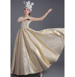 Light gold Opening dance dresses solo singers Stage dance dresses Song choir dance dress photos shooting dress for women