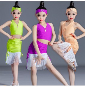 Light orange purple green tassels latin dance dress for Girls kids children salsa stage performance latin dance costumes for girls